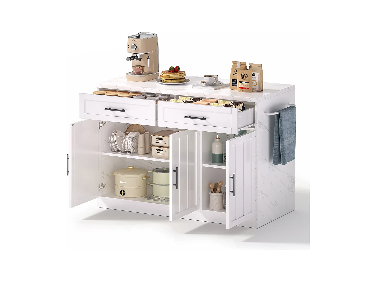 Ilot central de cuisine - avec prise USB - avec 2 tiroirs et 3 portes - avec porte-serviettes - plateau de table à manger effet marbre - Blanc