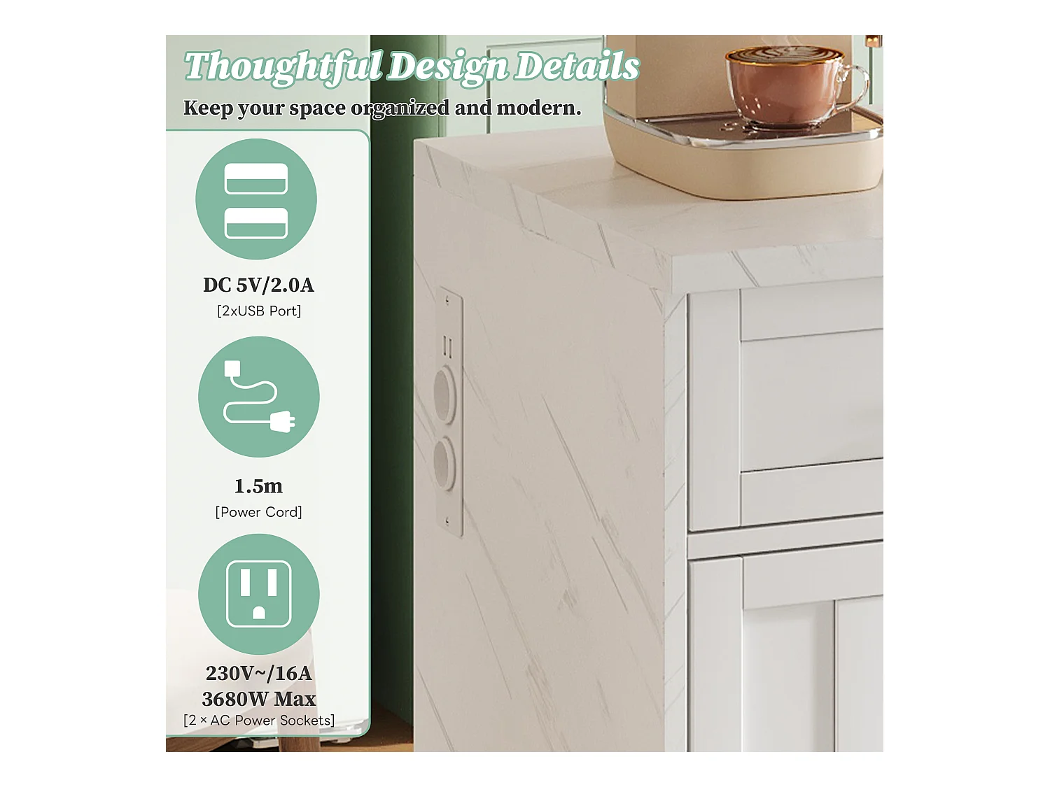 Ilot central de cuisine - avec prise USB - avec 2 tiroirs et 3 portes - avec porte-serviettes - plateau de table à manger effet marbre - Blanc