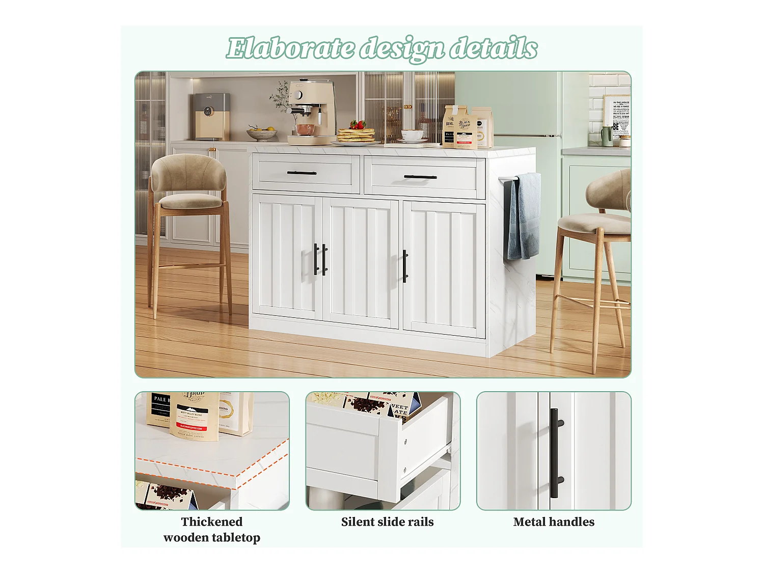 Ilot central de cuisine - avec prise USB - avec 2 tiroirs et 3 portes - avec porte-serviettes - plateau de table à manger effet marbre - Blanc