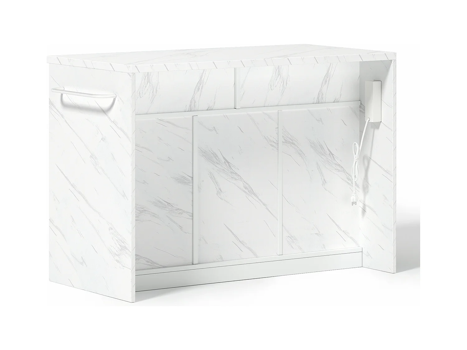 Ilot central de cuisine - avec prise USB - avec 2 tiroirs et 3 portes - avec porte-serviettes - plateau de table à manger effet marbre - Blanc