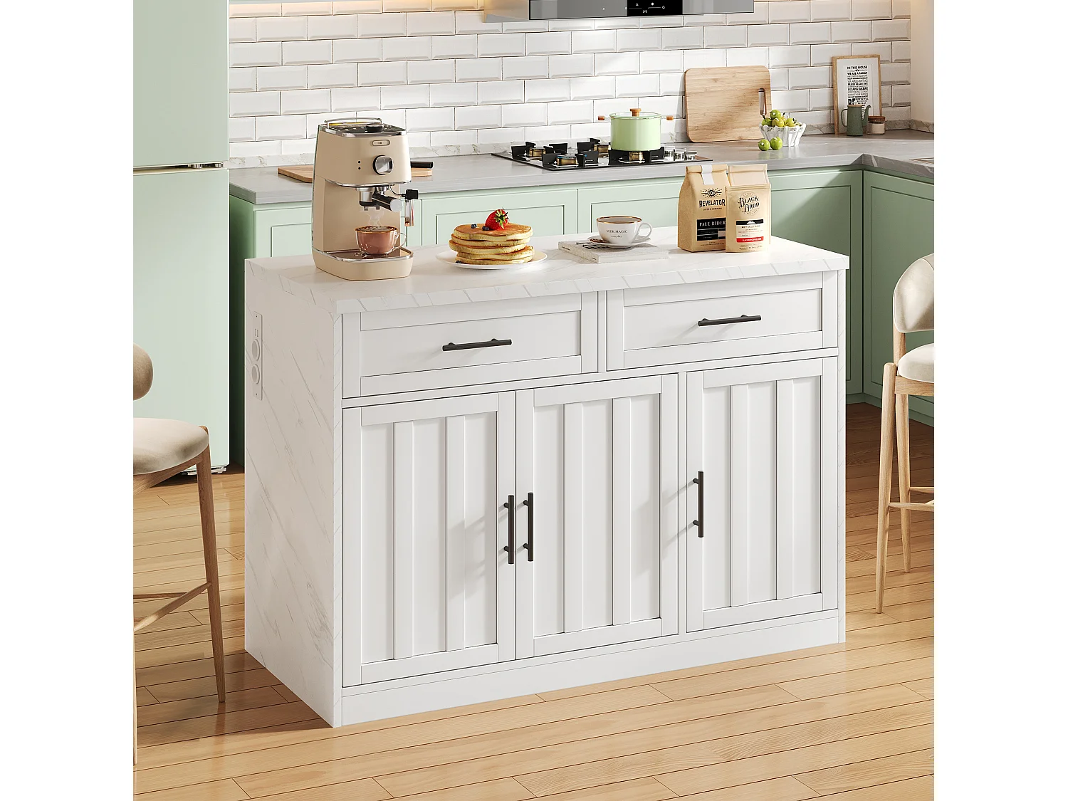 Ilot central de cuisine - avec prise USB - avec 2 tiroirs et 3 portes - avec porte-serviettes - plateau de table à manger effet marbre - Blanc