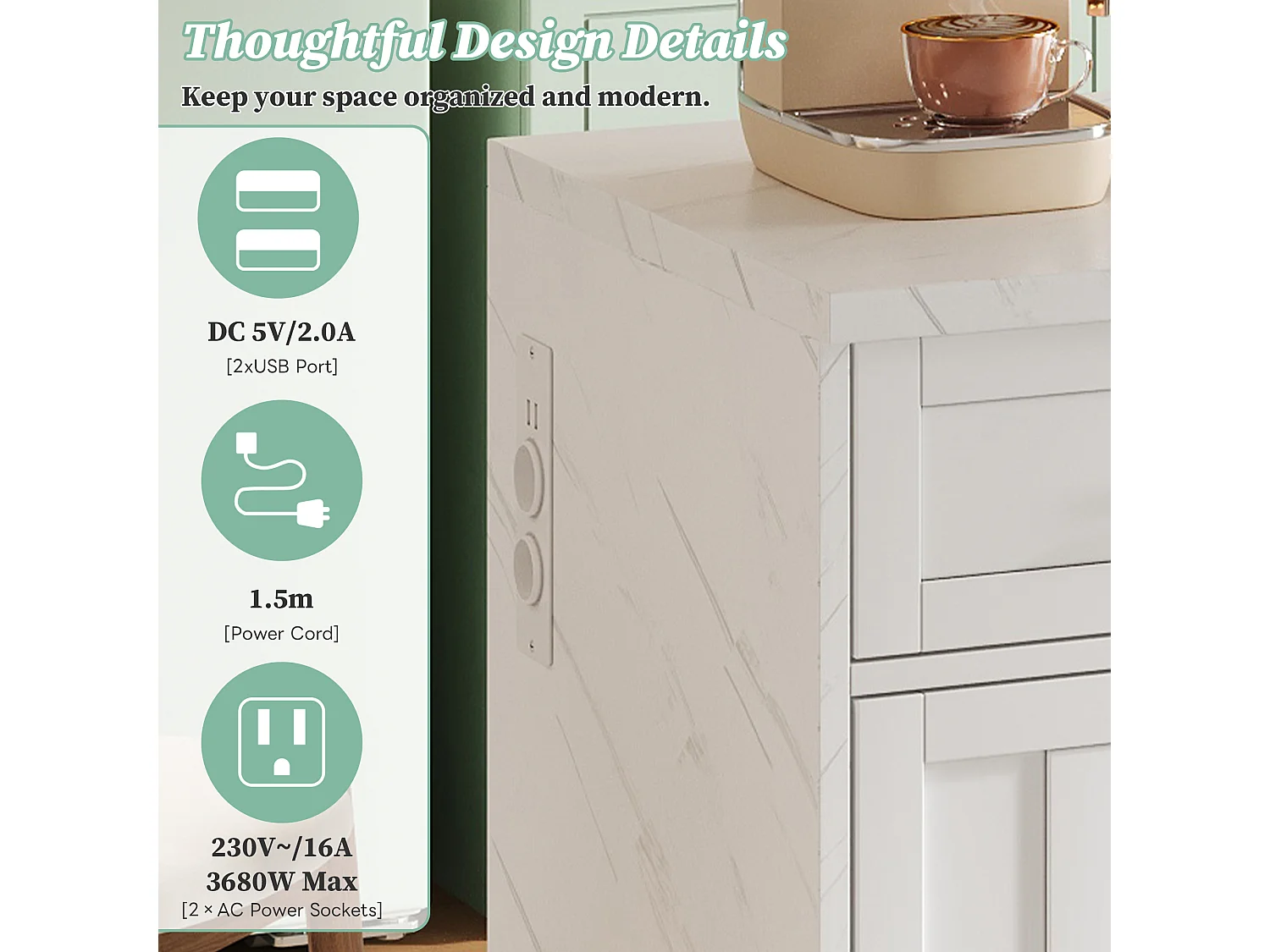 Ilot central de cuisine - avec prise USB - avec 2 tiroirs et 3 portes - avec porte-serviettes - plateau de table à manger effet marbre - Blanc