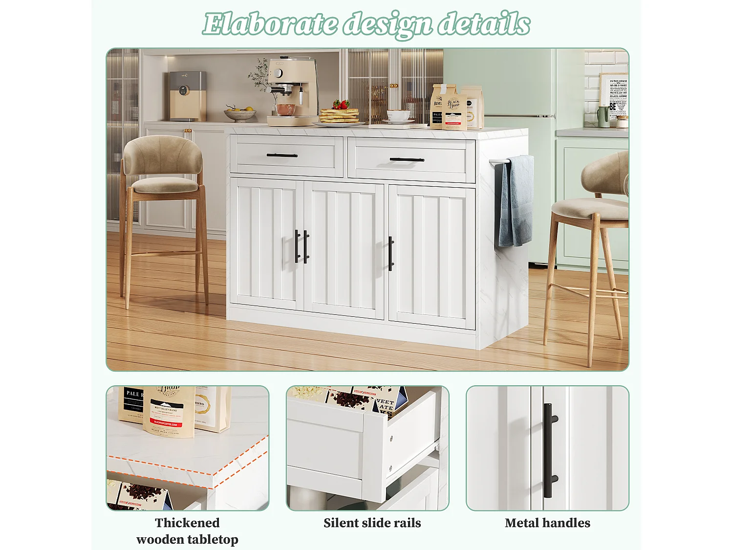 Ilot central de cuisine - avec prise USB - avec 2 tiroirs et 3 portes - avec porte-serviettes - plateau de table à manger effet marbre - Blanc