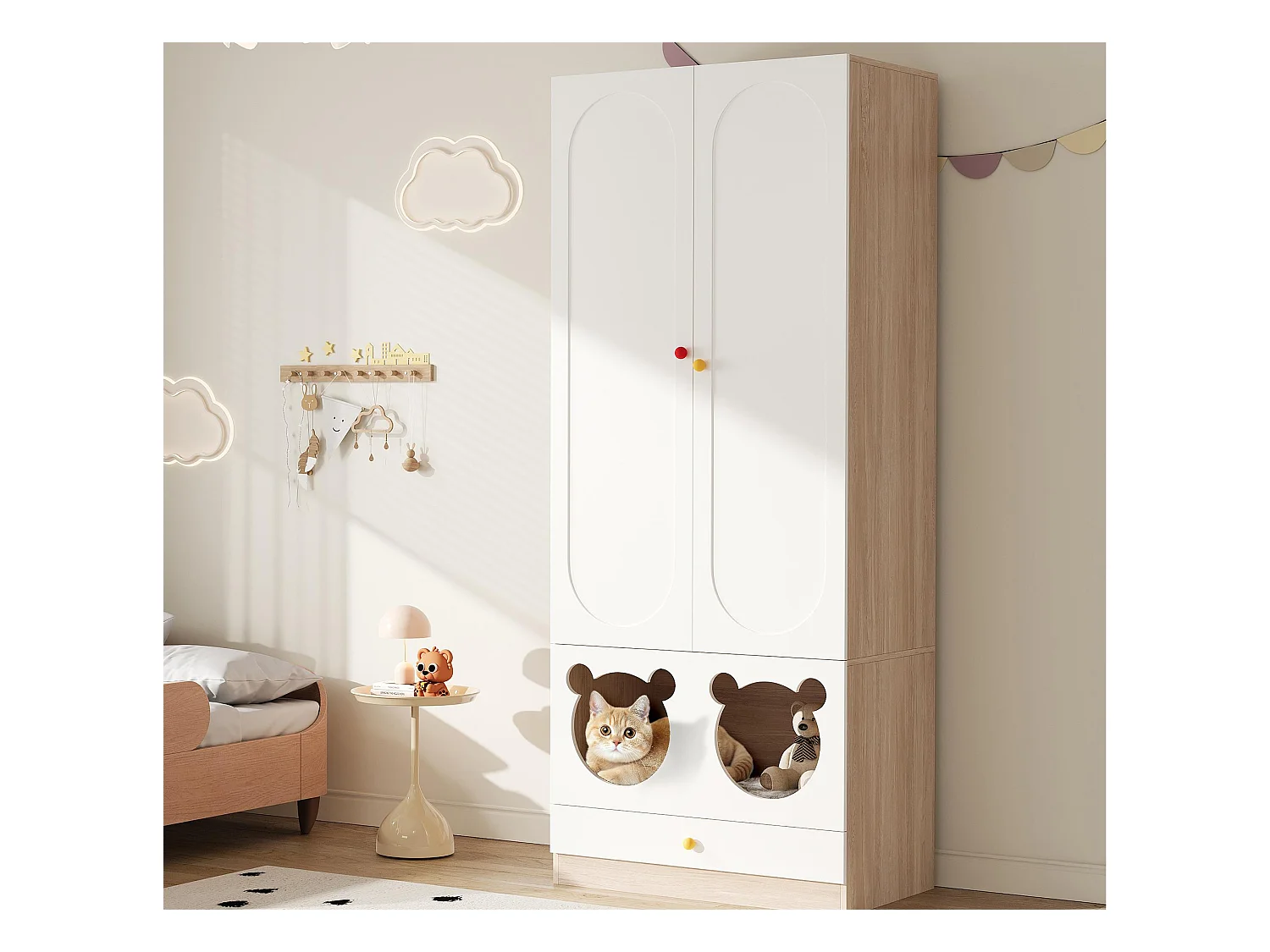 Armoire enfant 80x50x200cm - avec tringle à vêtements - avec lit pour chat - 2 portes - blanc + naturel