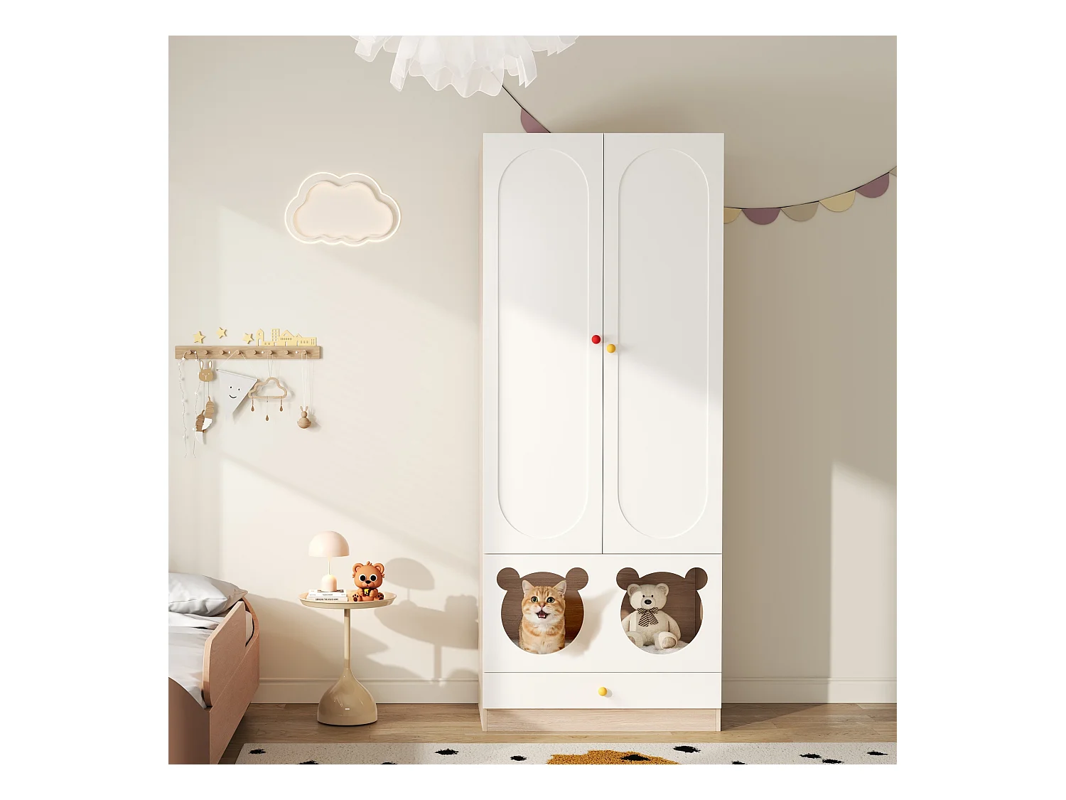 Armoire enfant 80x50x200cm - avec tringle à vêtements - avec lit pour chat - 2 portes - blanc + naturel