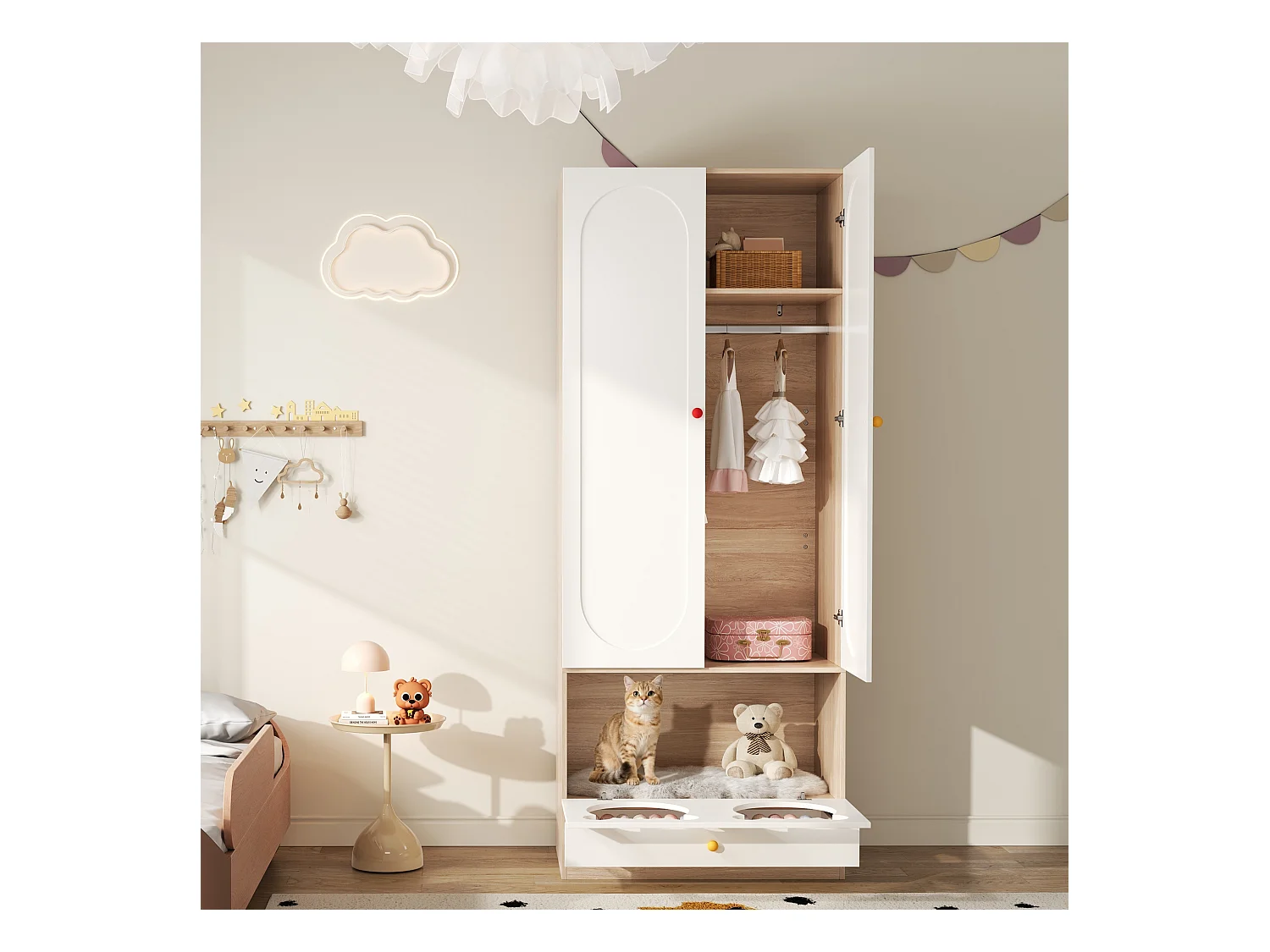 Armoire enfant 80x50x200cm - avec tringle à vêtements - avec lit pour chat - 2 portes - blanc + naturel