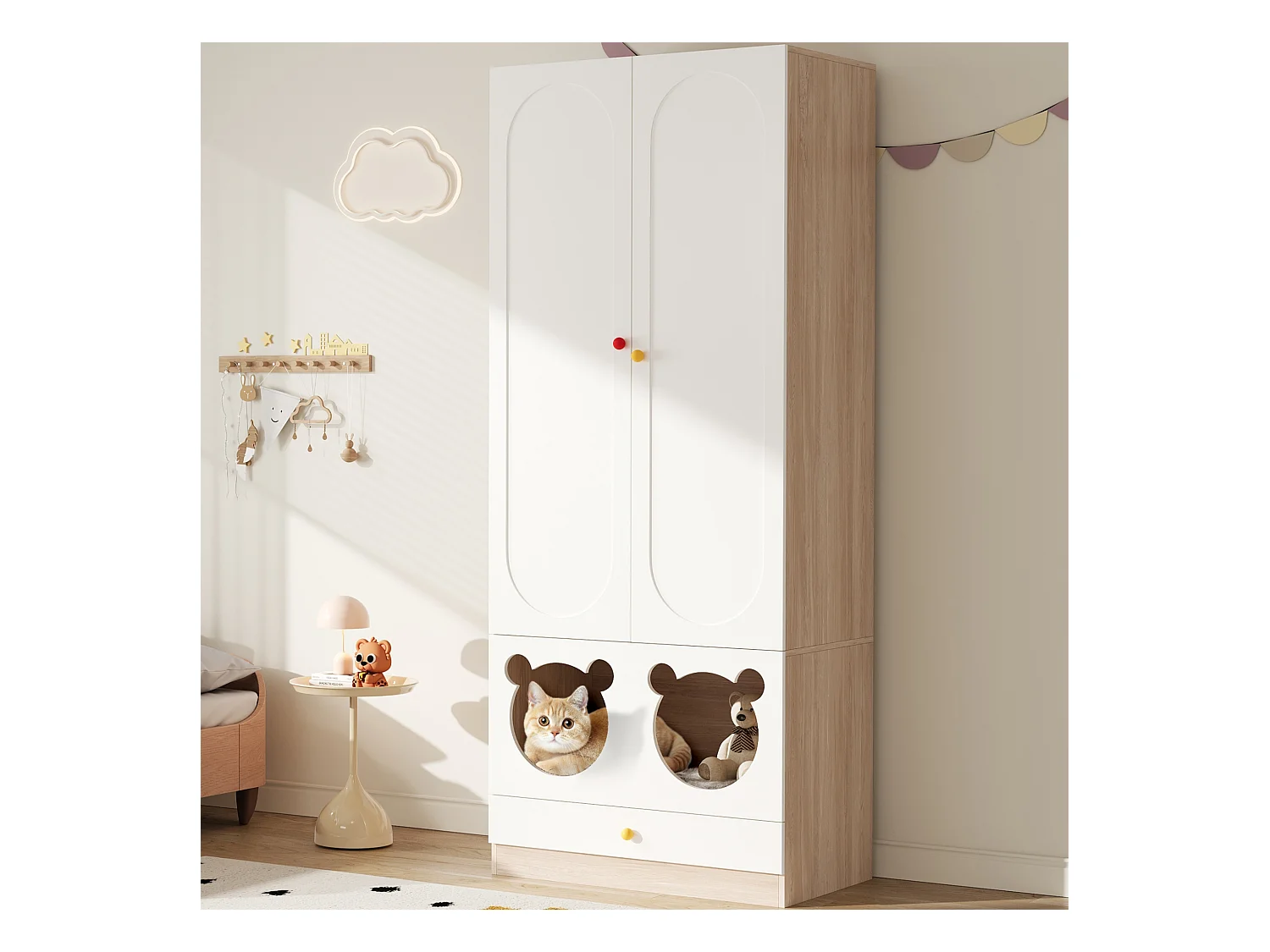 Armoire enfant 80x50x200cm - avec tringle à vêtements - avec lit pour chat - 2 portes - blanc + naturel