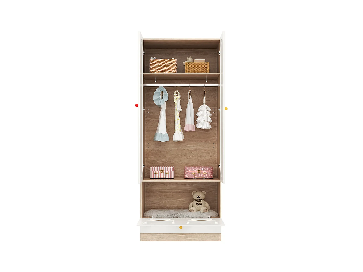 Armoire enfant 80x50x200cm - avec tringle à vêtements - avec lit pour chat - 2 portes - blanc + naturel