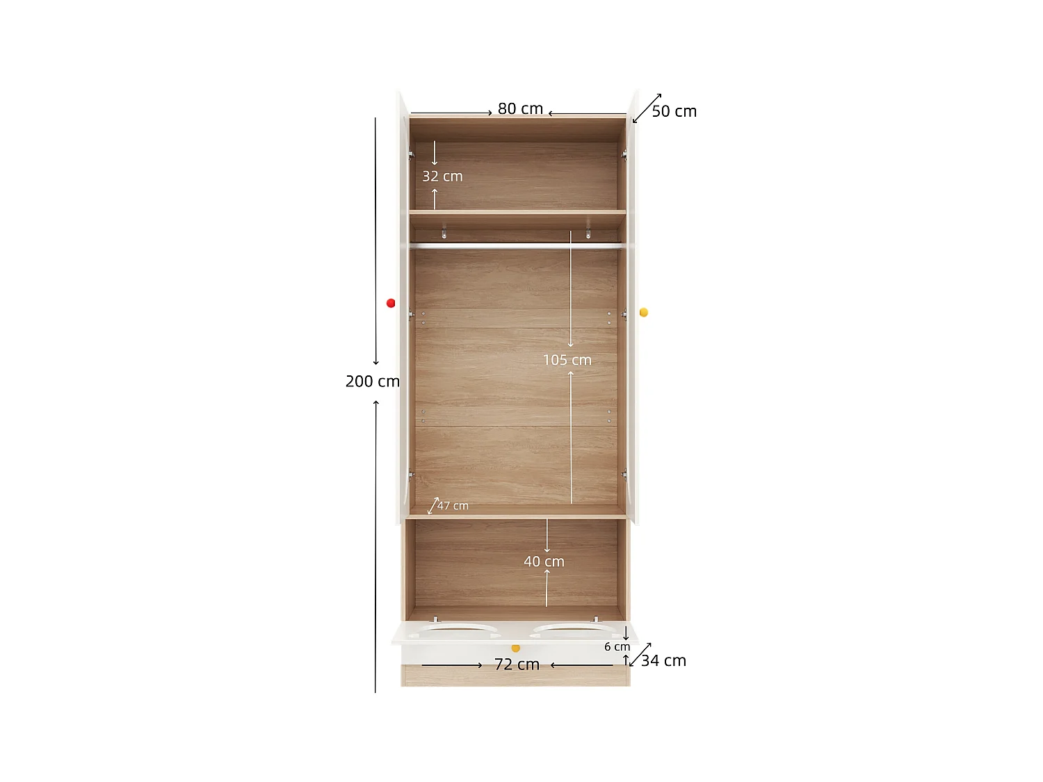 Armoire enfant 80x50x200cm - avec tringle à vêtements - avec lit pour chat - 2 portes - blanc + naturel
