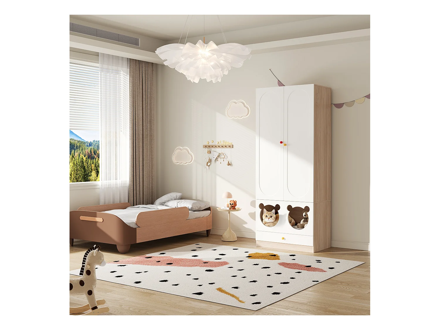 Armoire enfant 80x50x200cm - avec tringle à vêtements - avec lit pour chat - 2 portes - blanc + naturel