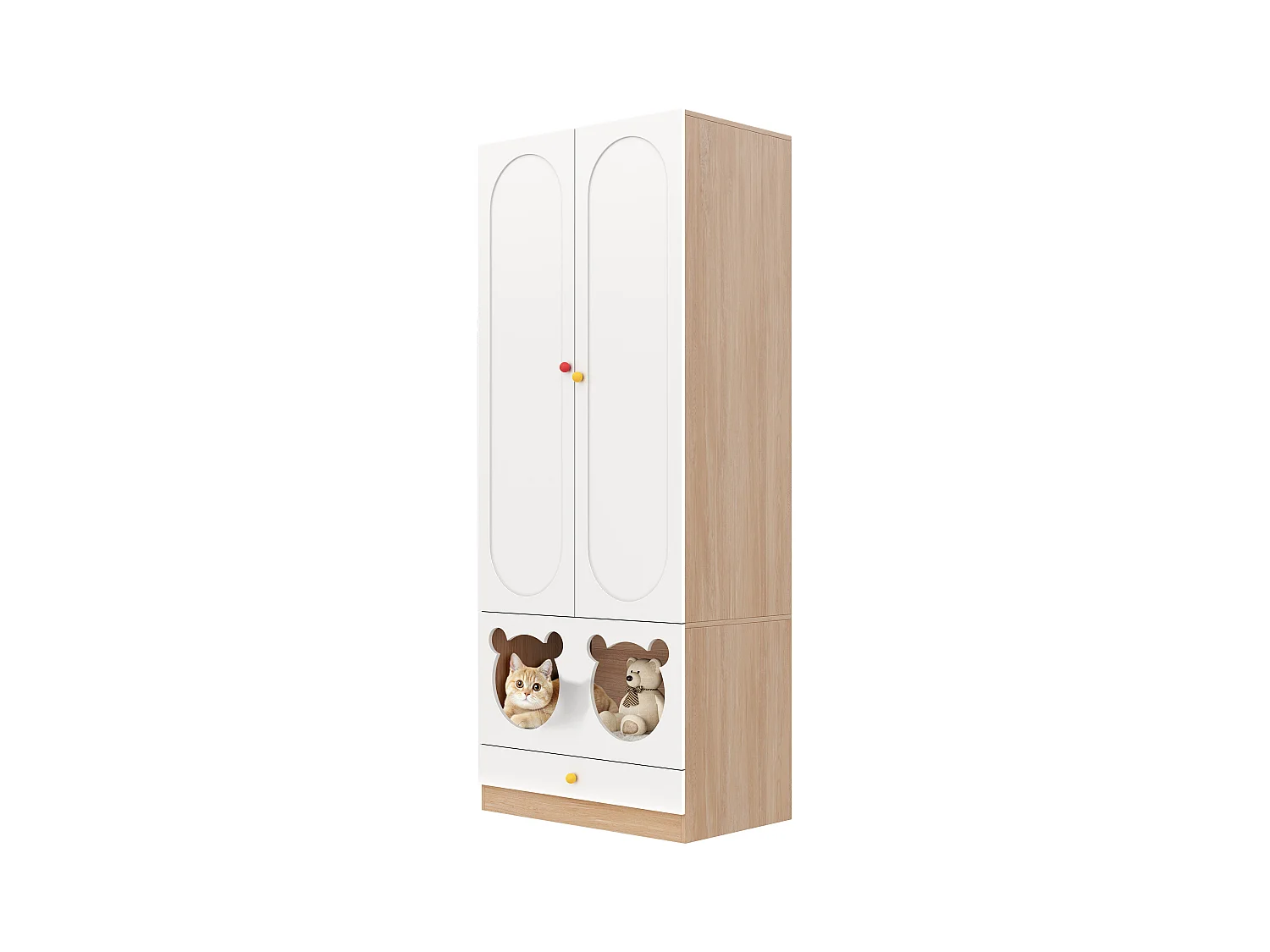 Armoire enfant 80x50x200cm - avec tringle à vêtements - avec lit pour chat - 2 portes - blanc + naturel