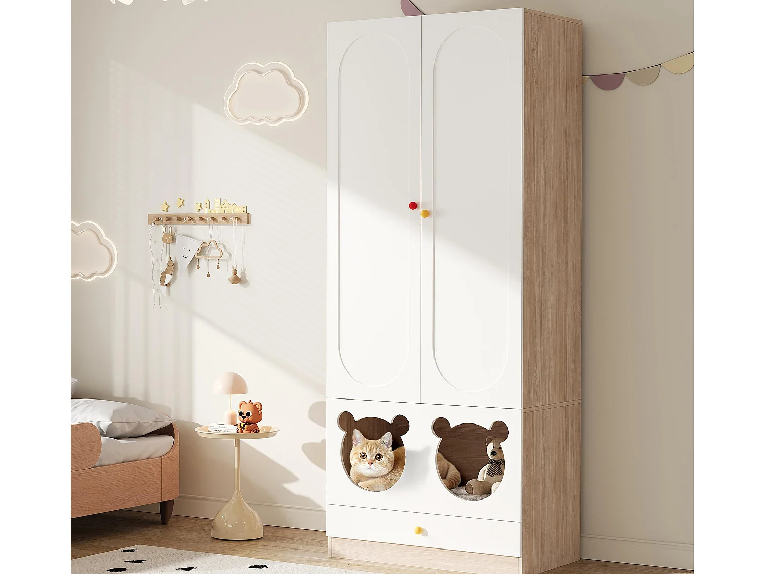 Armoire enfant 80x50x200cm - avec tringle à vêtements - avec lit pour chat - 2 portes - blanc + naturel