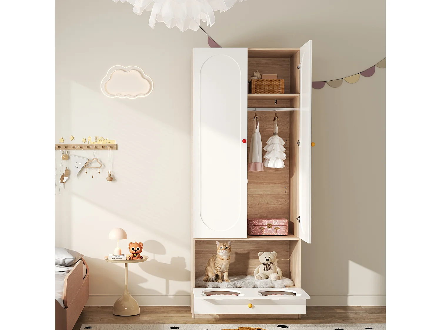 Armoire enfant 80x50x200cm - avec tringle à vêtements - avec lit pour chat - 2 portes - blanc + naturel