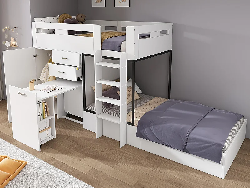 Lit superposé multifonctionnel - 2x90x200 cm- avec armoire et un bureau coulissant - Blanc (sans matelas)