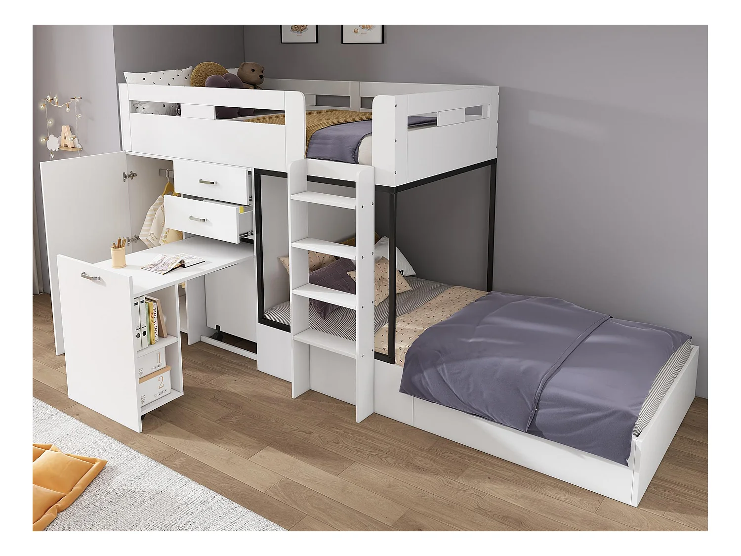 Lit superposé multifonctionnel - 2x90x200 cm- avec armoire et un bureau coulissant - Blanc (sans matelas)
