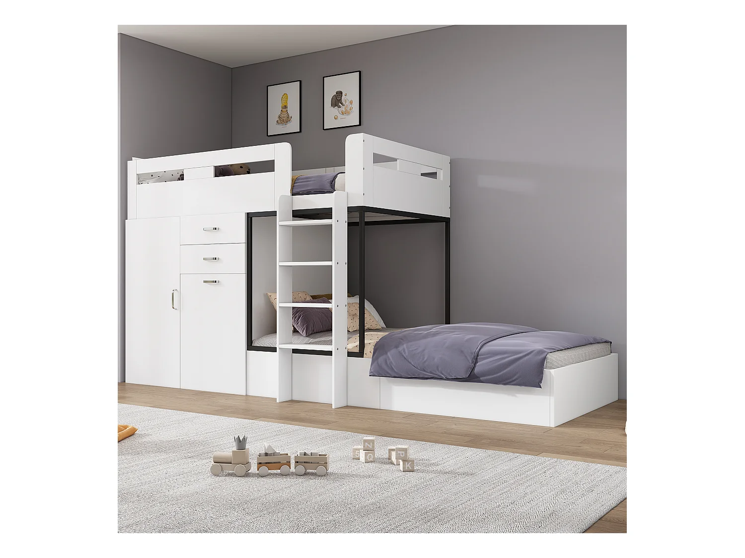 Lit superposé multifonctionnel - 2x90x200 cm- avec armoire et un bureau coulissant - Blanc (sans matelas)