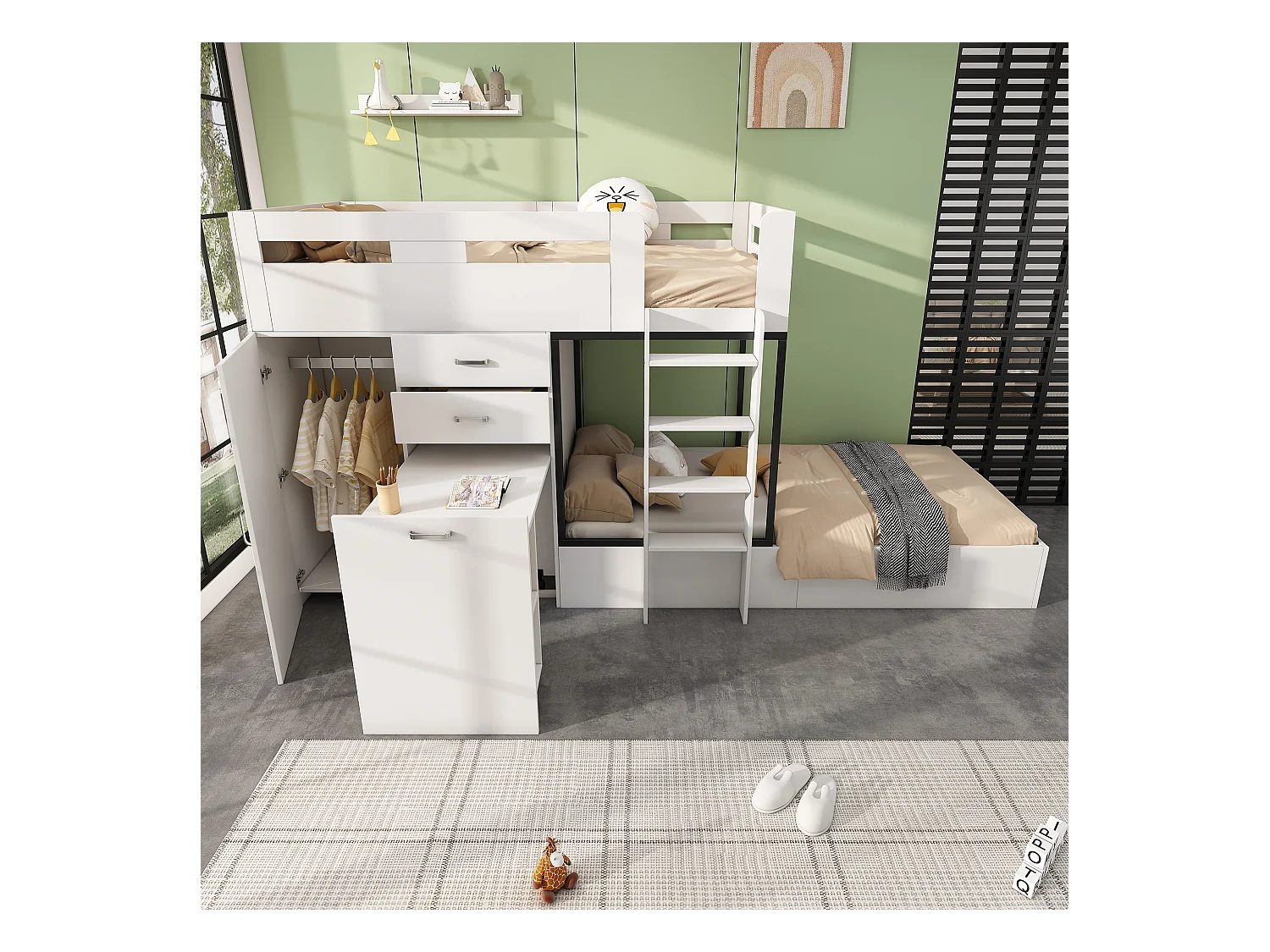 Lit superposé multifonctionnel - 2x90x200 cm- avec armoire et un bureau coulissant - Blanc (sans matelas)