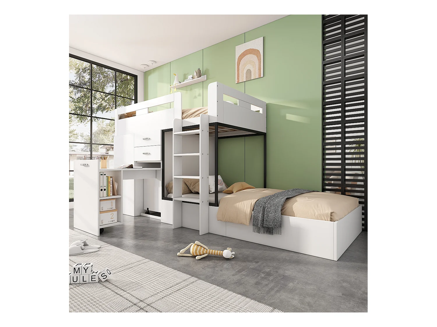 Lit superposé multifonctionnel - 2x90x200 cm- avec armoire et un bureau coulissant - Blanc (sans matelas)