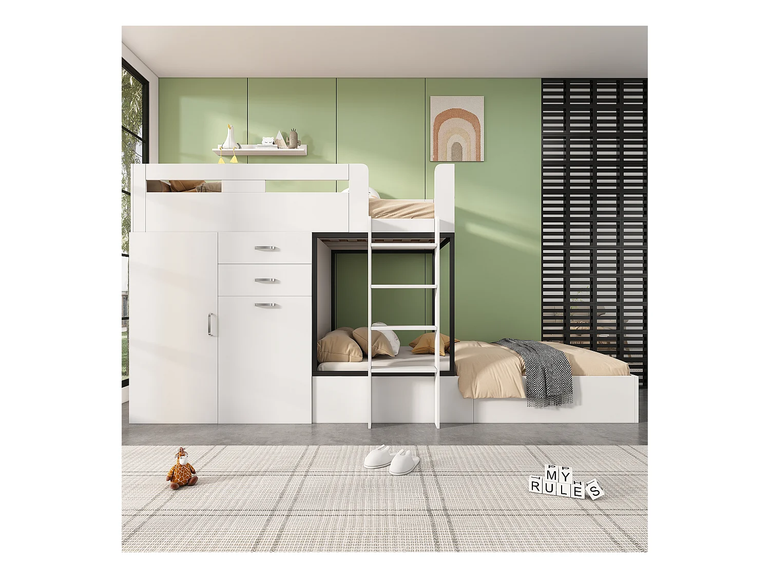 Lit superposé multifonctionnel - 2x90x200 cm- avec armoire et un bureau coulissant - Blanc (sans matelas)