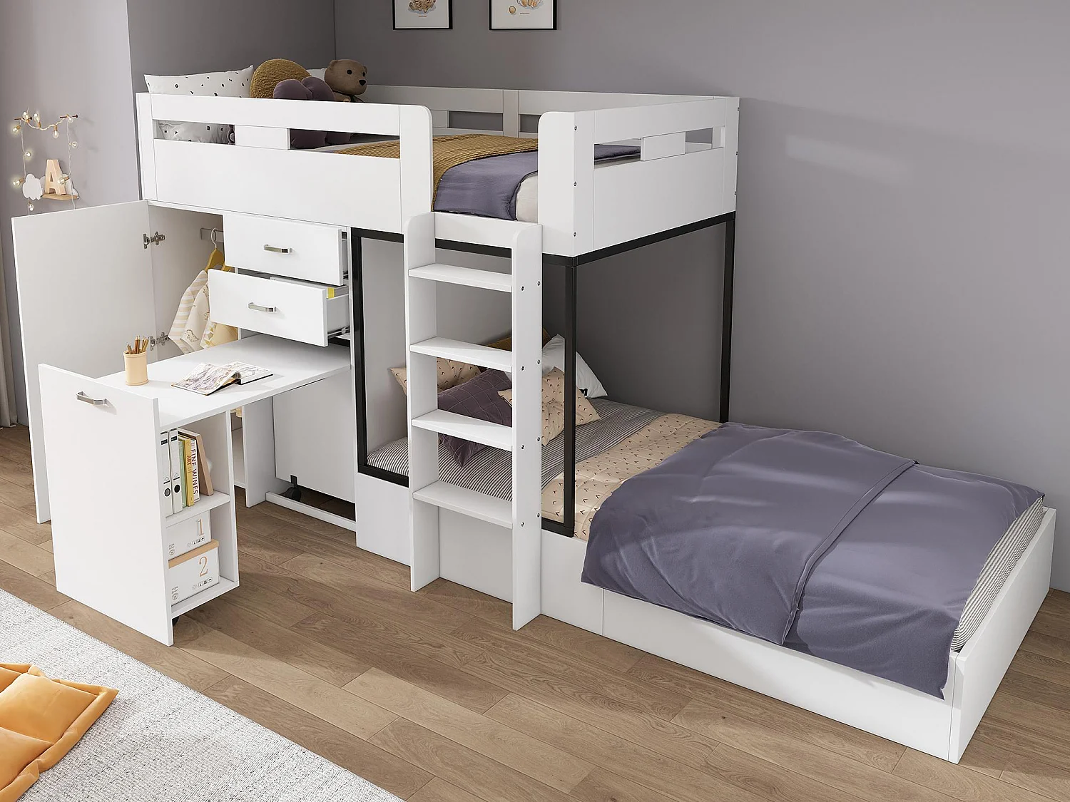 Lit superposé multifonctionnel - 2x90x200 cm- avec armoire et un bureau coulissant - Blanc (sans matelas)