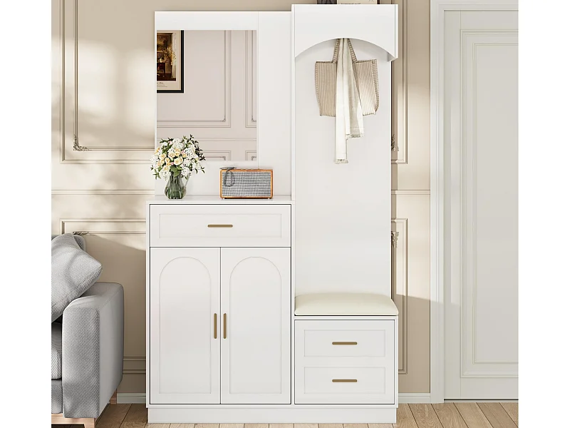 Ensemble vestiaire d'entrée 110x33x185,5 cm - 3 portes et 1 tiroir - Meuble à chaussures et banc à chaussures - avec miroir - Blanc