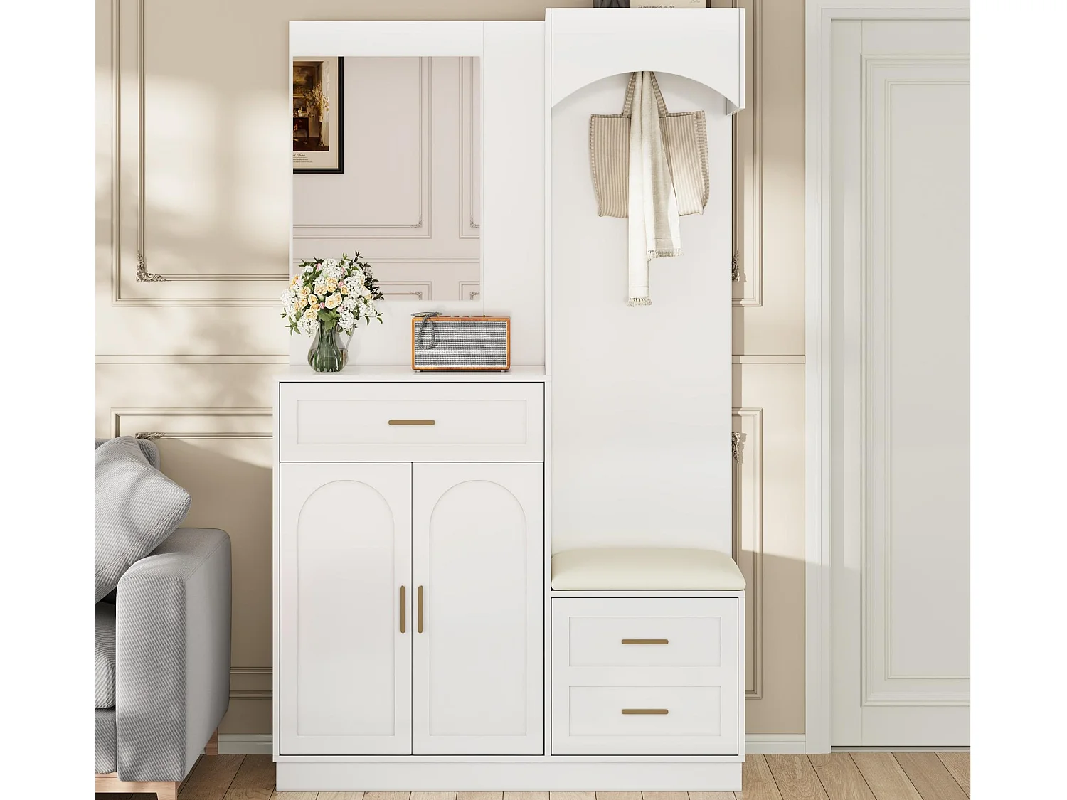 Ensemble vestiaire d'entrée 110x33x185,5 cm - 3 portes et 1 tiroir - Meuble à chaussures et banc à chaussures - avec miroir - Blanc