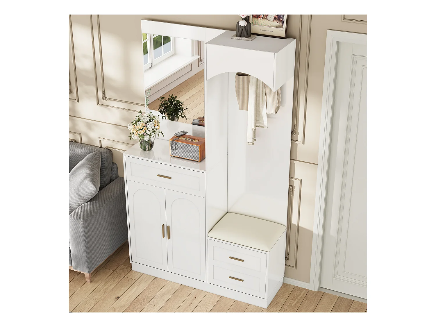 Ensemble vestiaire d'entrée 110x33x185,5 cm - 3 portes et 1 tiroir - Meuble à chaussures et banc à chaussures - avec miroir - Blanc