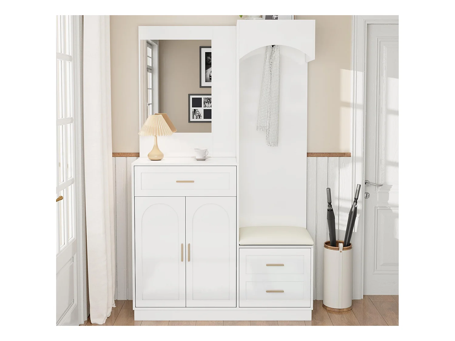 Ensemble vestiaire d'entrée 110x33x185,5 cm - 3 portes et 1 tiroir - Meuble à chaussures et banc à chaussures - avec miroir - Blanc