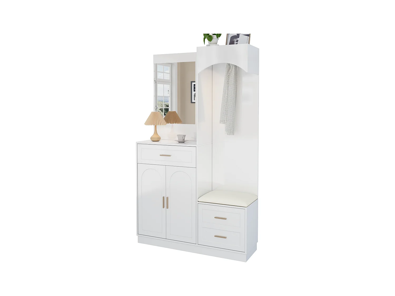 Ensemble vestiaire d'entrée 110x33x185,5 cm - 3 portes et 1 tiroir - Meuble à chaussures et banc à chaussures - avec miroir - Blanc