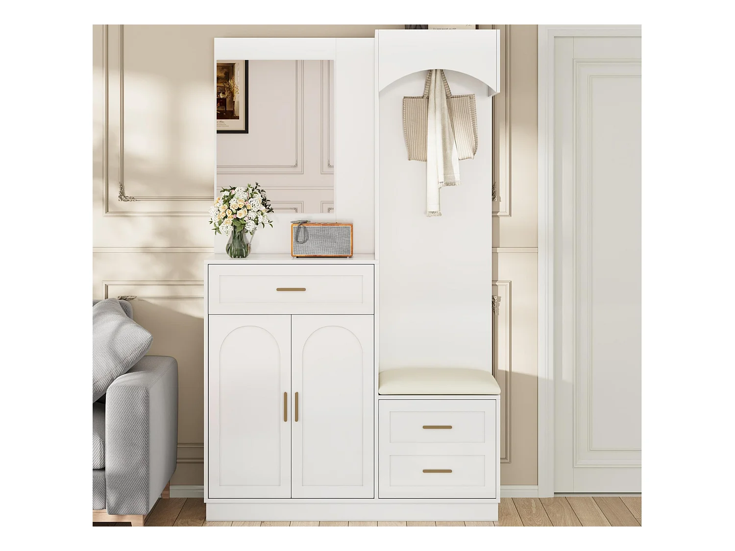 Ensemble vestiaire d'entrée 110x33x185,5 cm - 3 portes et 1 tiroir - Meuble à chaussures et banc à chaussures - avec miroir - Blanc