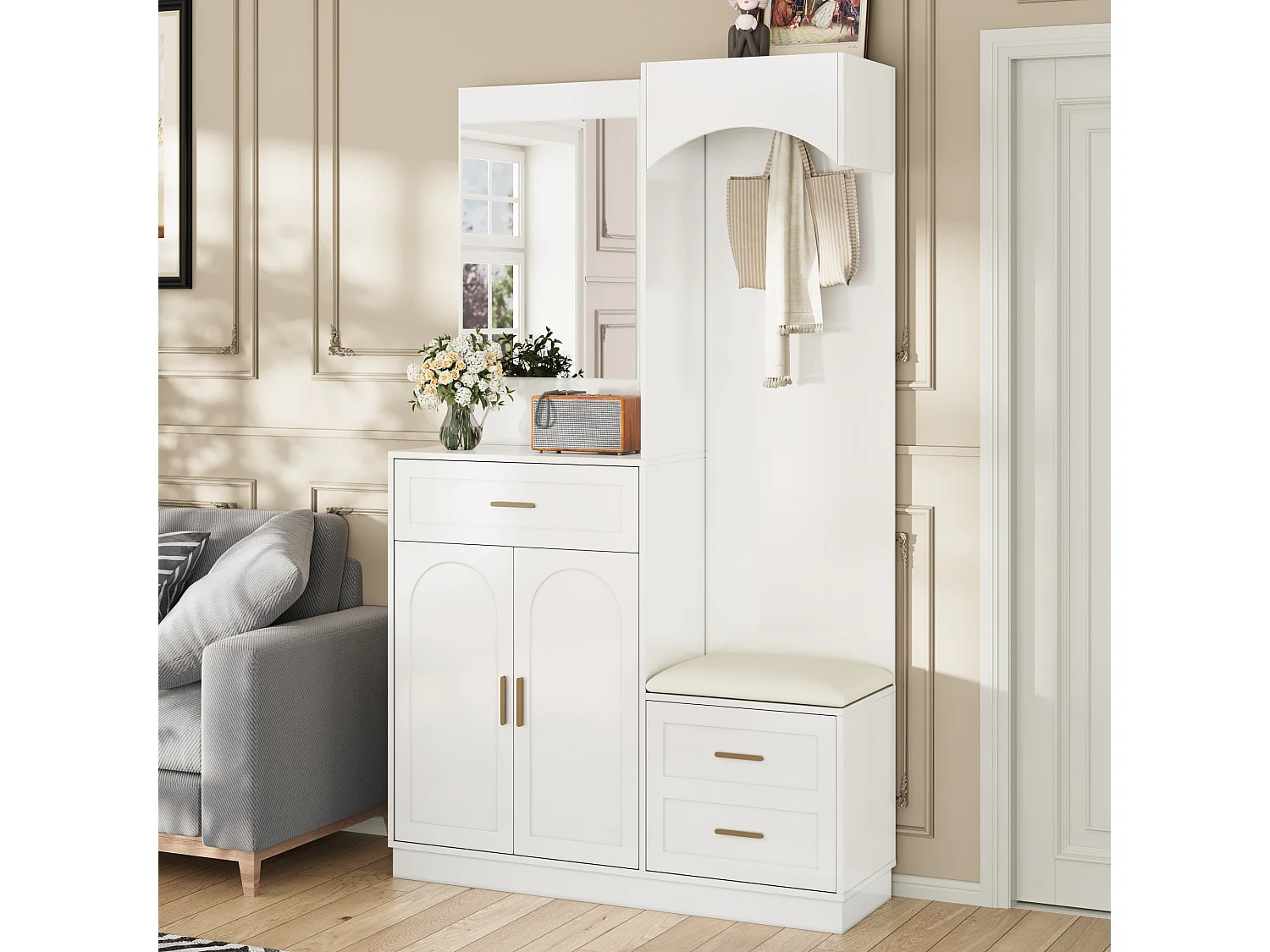 Ensemble vestiaire d'entrée 110x33x185,5 cm - 3 portes et 1 tiroir - Meuble à chaussures et banc à chaussures - avec miroir - Blanc