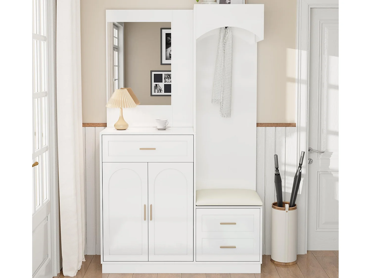 Ensemble vestiaire d'entrée 110x33x185,5 cm - 3 portes et 1 tiroir - Meuble à chaussures et banc à chaussures - avec miroir - Blanc