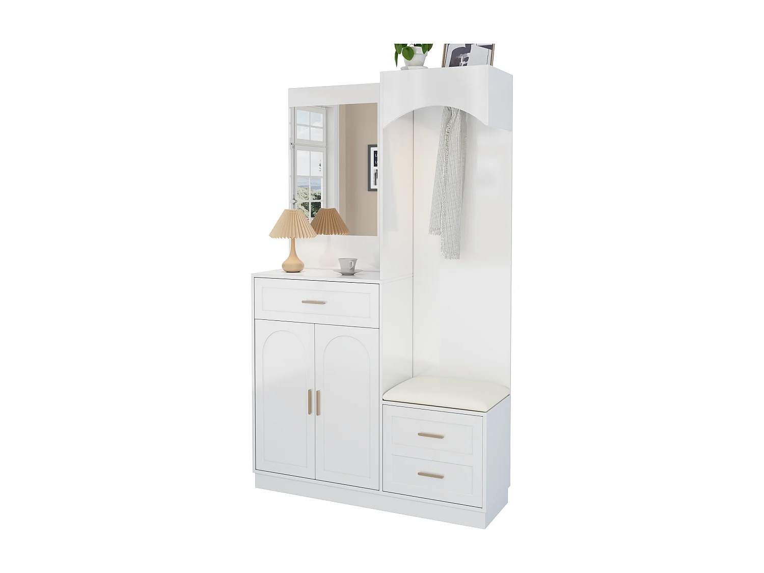 Ensemble vestiaire d'entrée 110x33x185,5 cm - 3 portes et 1 tiroir - Meuble à chaussures et banc à chaussures - avec miroir - Blanc