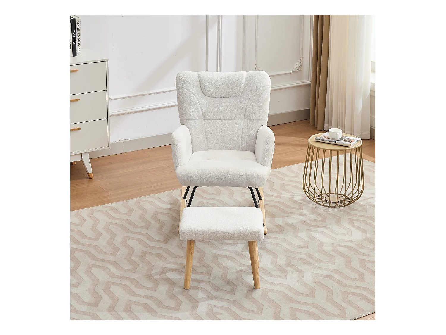 Fauteuil à bascule 62x82x87 cm - avec repose-pieds et dossier haut - Bascule à 30° - avec poches - Blanc