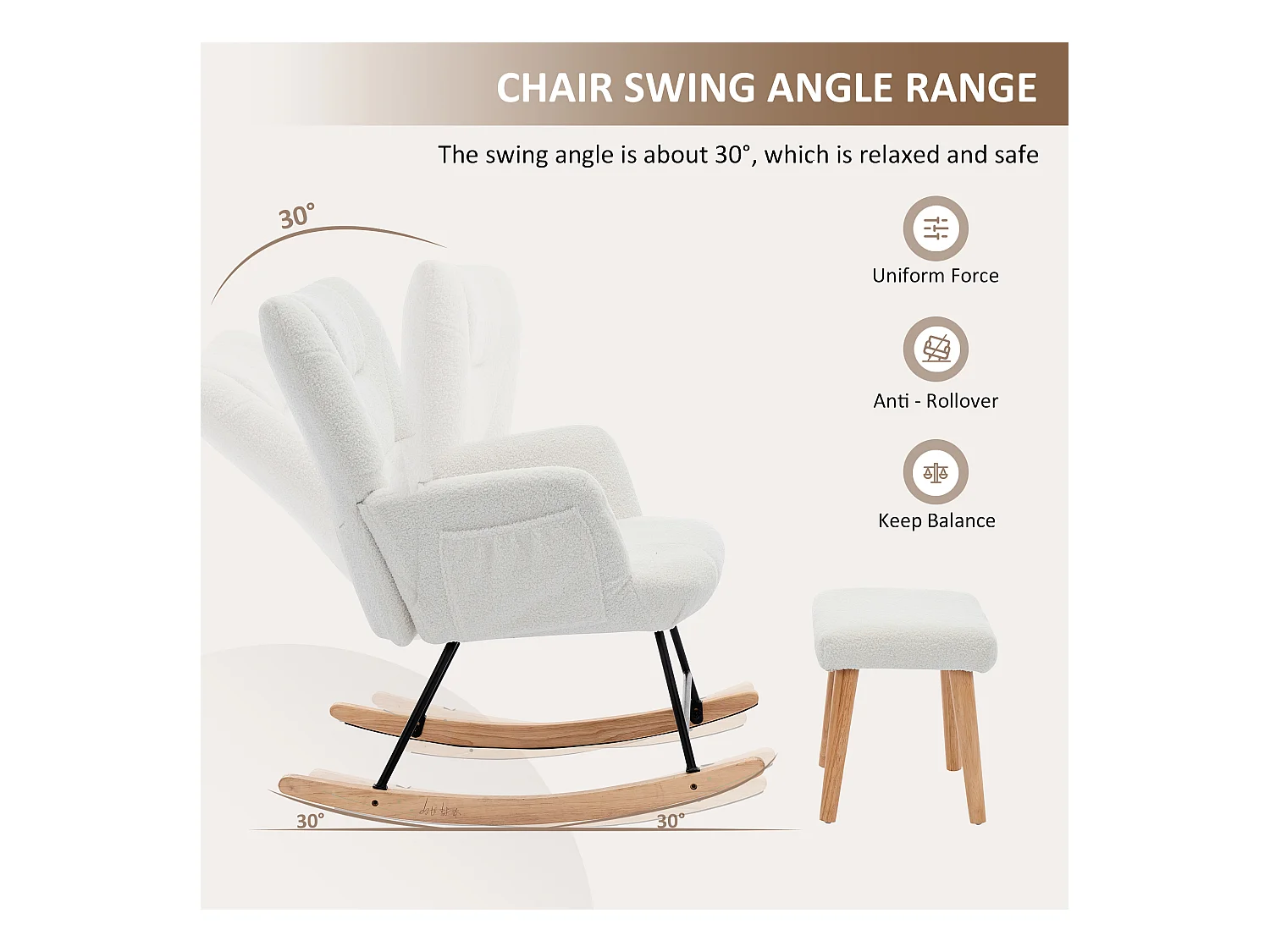 Fauteuil à bascule 62x82x87 cm - avec repose-pieds et dossier haut - Bascule à 30° - avec poches - Blanc