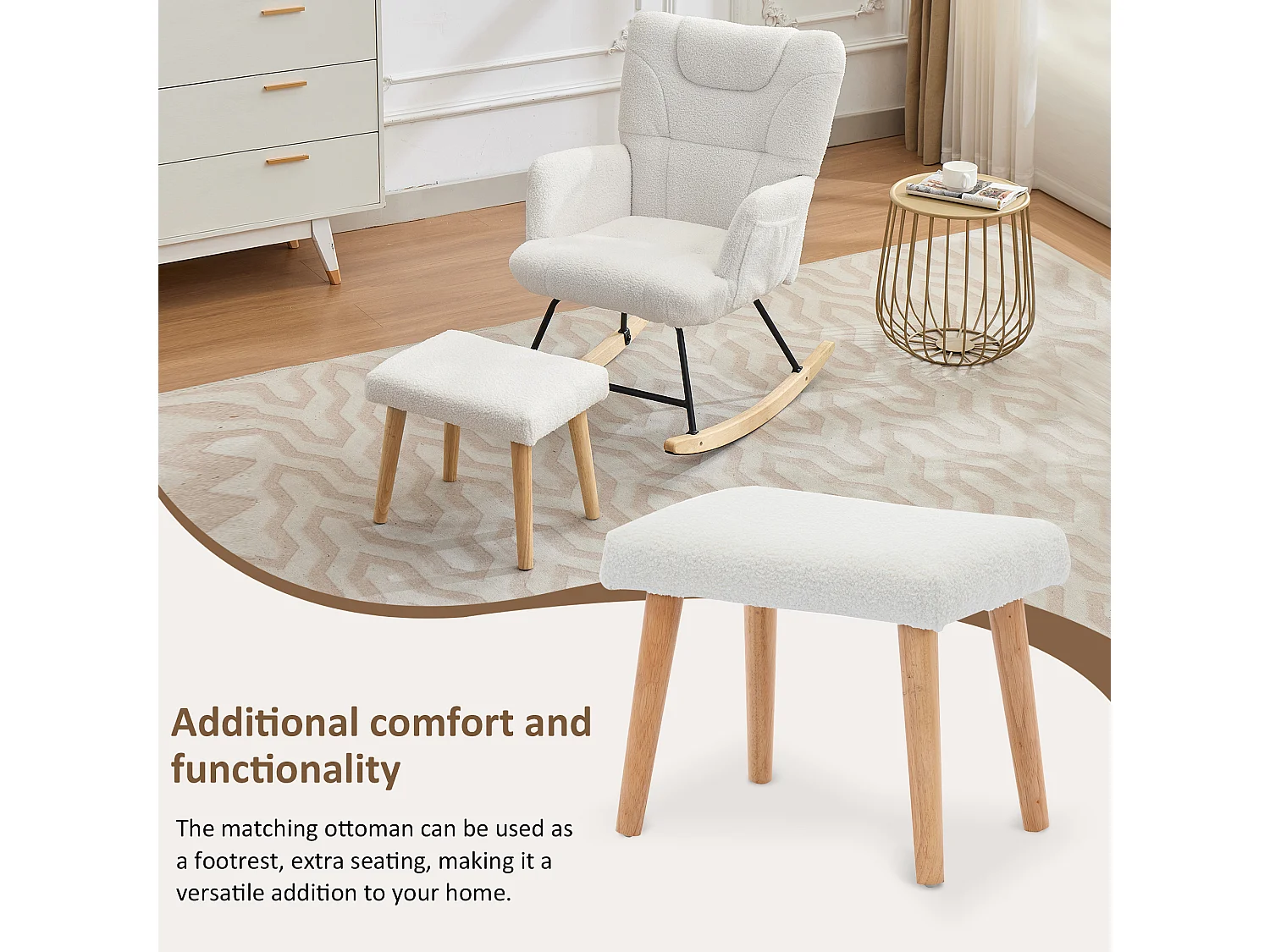 Fauteuil à bascule 62x82x87 cm - avec repose-pieds et dossier haut - Bascule à 30° - avec poches - Blanc