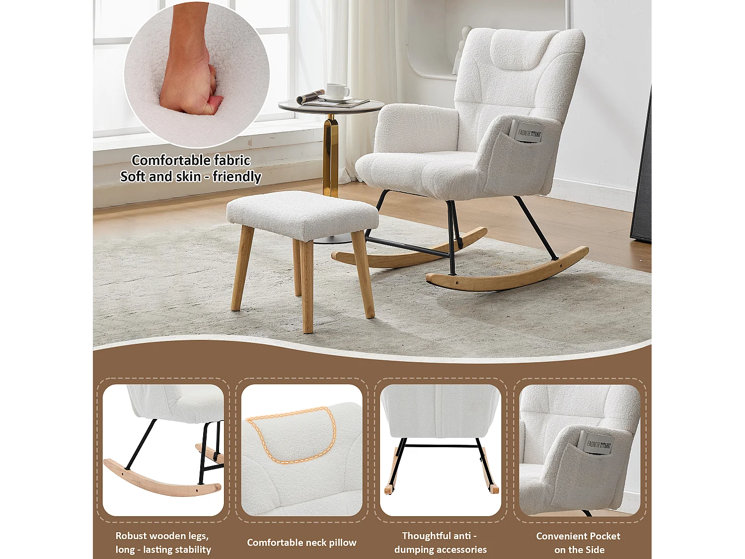 Fauteuil à bascule 62x82x87 cm - avec repose-pieds et dossier haut - Bascule à 30° - avec poches - Blanc