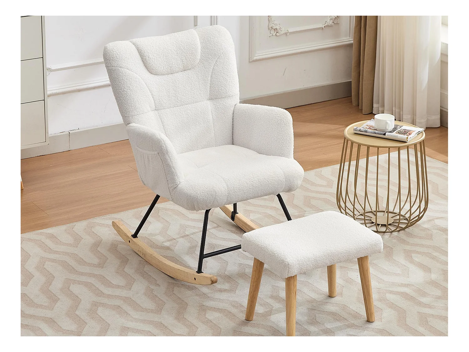 Sillón mecedor 62x82x87 cm - con reposapiés y respaldo alto - Balanceo de 30° - con bolsillos - Blanco