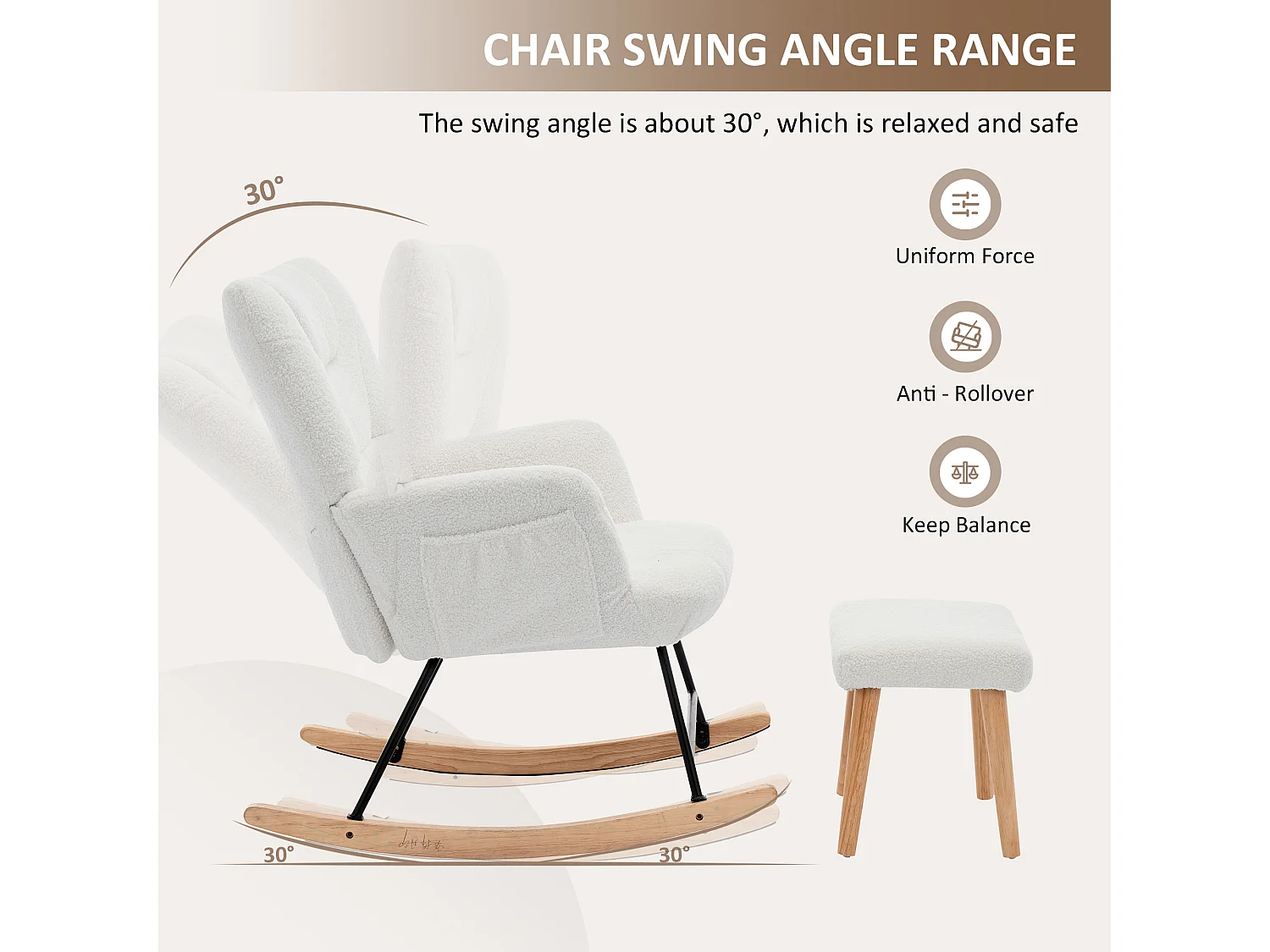 Schaukelstuhl 62x82x87 cm - mit Fußstütze und hoher Rückenlehne - 30° Schwingwinkel - mit Taschen - Weiß