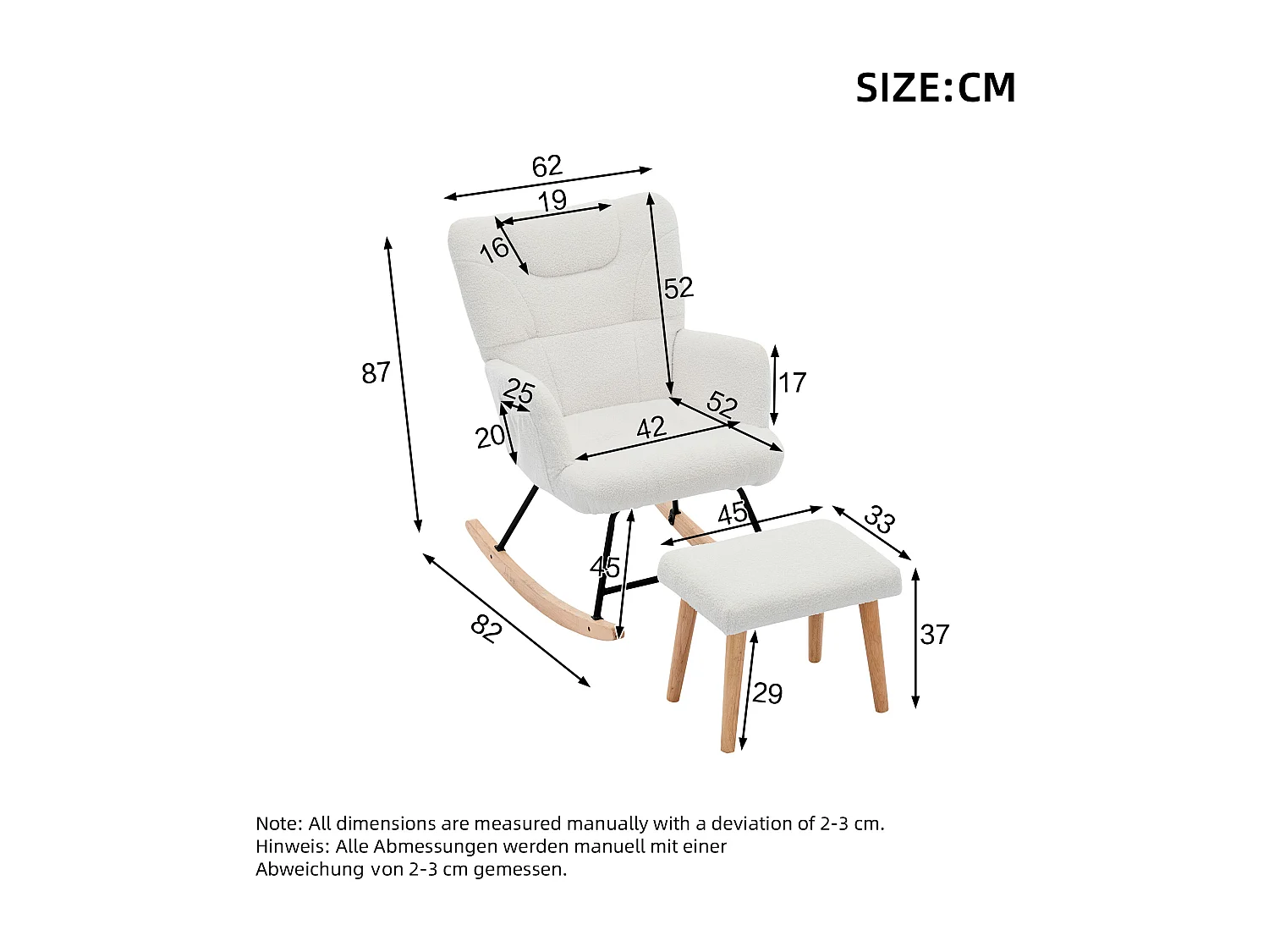 Schaukelstuhl 62x82x87 cm - mit Fußstütze und hoher Rückenlehne - 30° Schwingwinkel - mit Taschen - Weiß