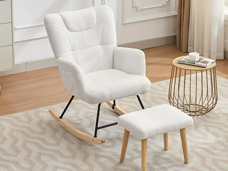 Fauteuil à bascule 62x82x87 cm - avec repose-pieds et dossier haut - Bascule à 30° - avec poches - Blanc