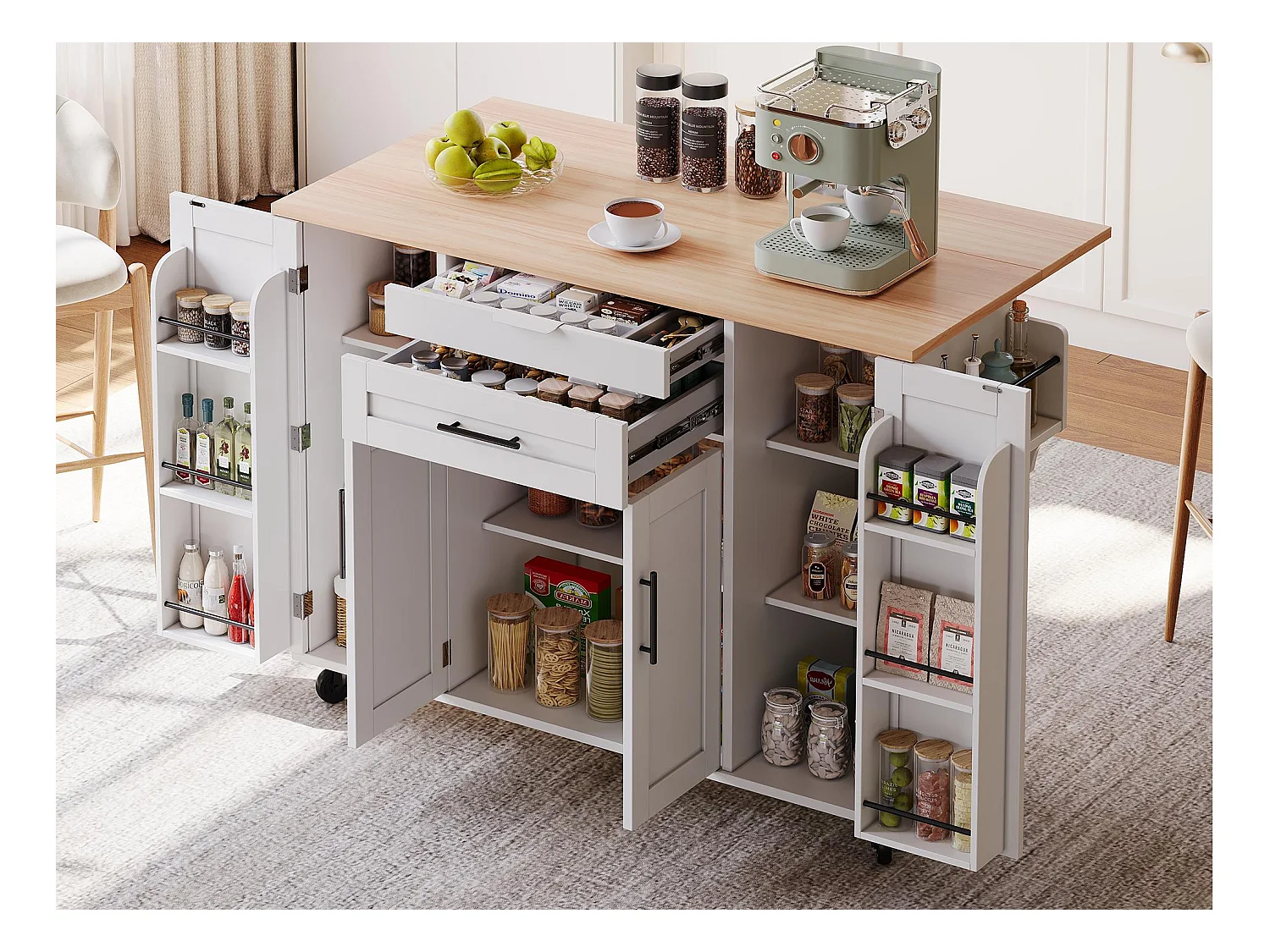 Ilot central de cuisine mobile - plateau extensible - avec étagère à épices et porte-serviettes - avec 2 tiroirs et 4 portes - MDF - Blanc