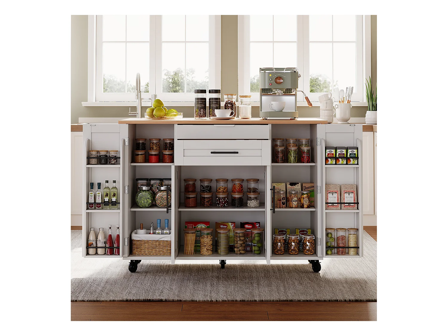 Ilot central de cuisine mobile - plateau extensible - avec étagère à épices et porte-serviettes - avec 2 tiroirs et 4 portes - MDF - Blanc