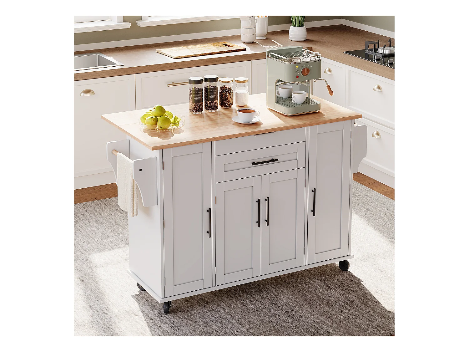 Ilot central de cuisine mobile - plateau extensible - avec étagère à épices et porte-serviettes - avec 2 tiroirs et 4 portes - MDF - Blanc