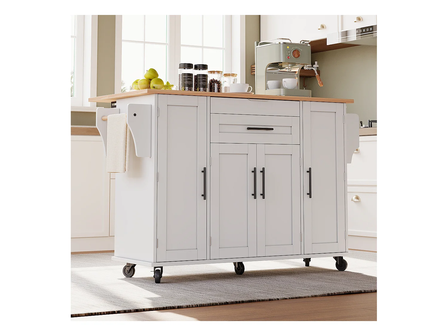 Ilot central de cuisine mobile - plateau extensible - avec étagère à épices et porte-serviettes - avec 2 tiroirs et 4 portes - MDF - Blanc