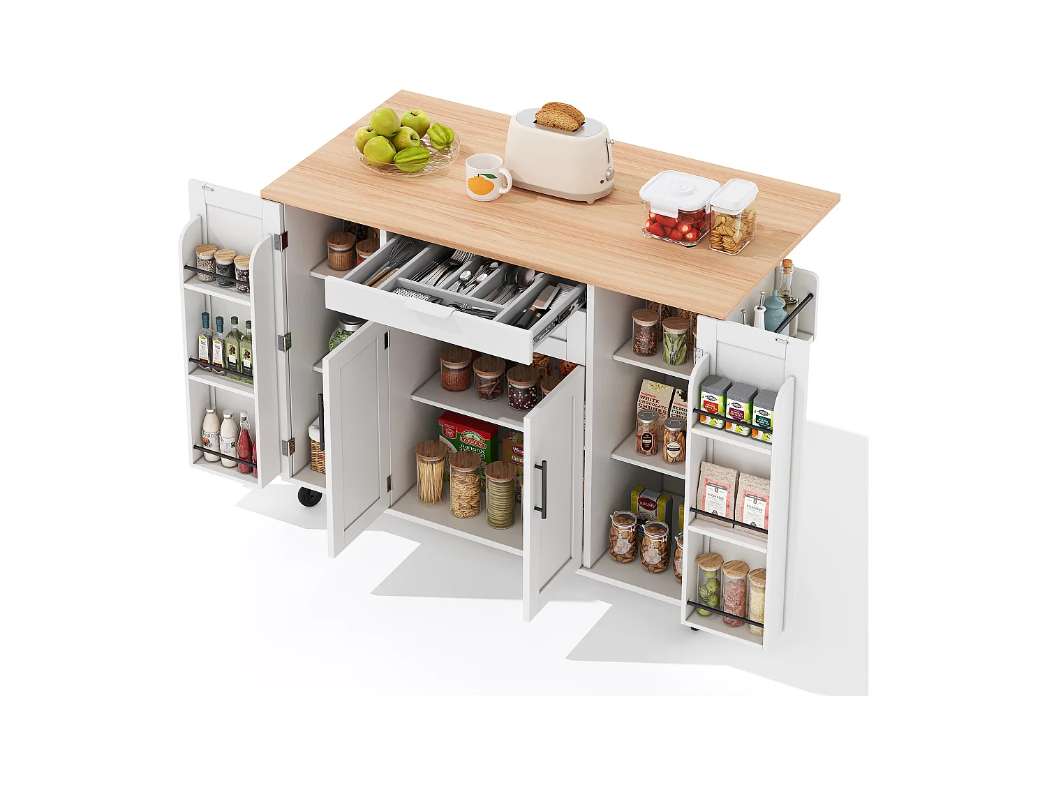 Ilot central de cuisine mobile - plateau extensible - avec étagère à épices et porte-serviettes - avec 2 tiroirs et 4 portes - MDF - Blanc