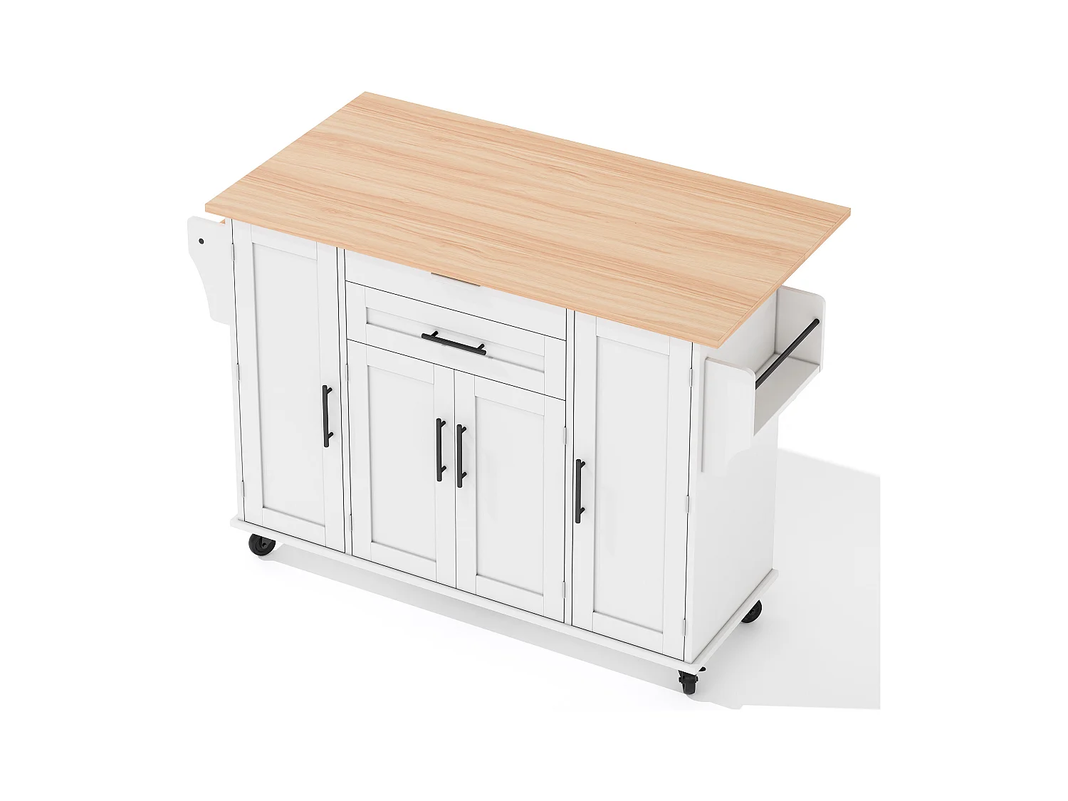 Ilot central de cuisine mobile - plateau extensible - avec étagère à épices et porte-serviettes - avec 2 tiroirs et 4 portes - MDF - Blanc