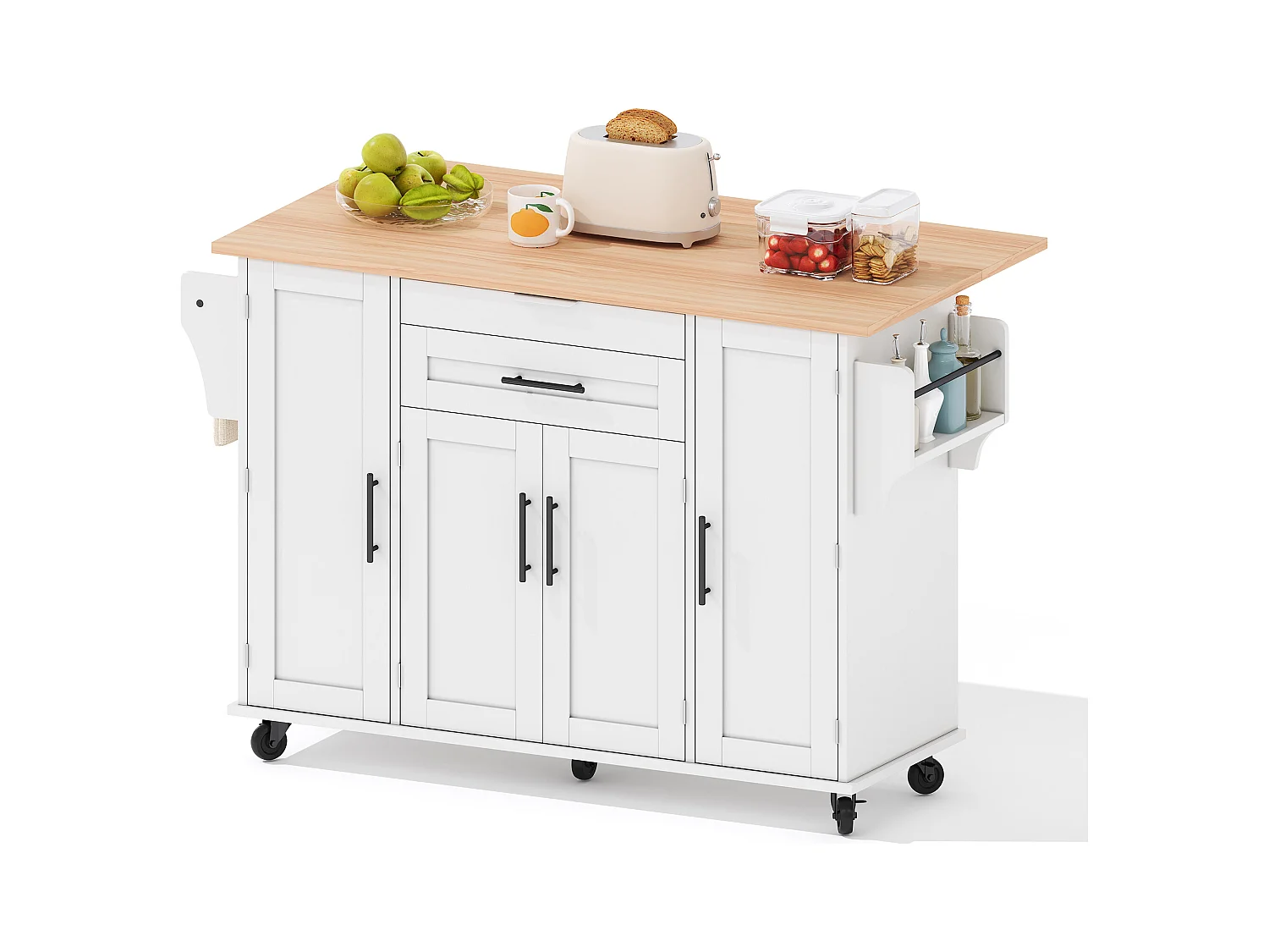 Ilot central de cuisine mobile - plateau extensible - avec étagère à épices et porte-serviettes - avec 2 tiroirs et 4 portes - MDF - Blanc