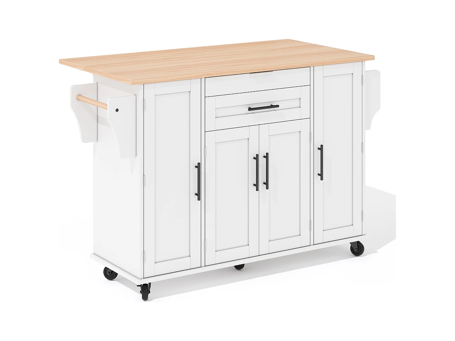 Ilot central de cuisine mobile - plateau extensible - avec étagère à épices et porte-serviettes - avec 2 tiroirs et 4 portes - MDF - Blanc