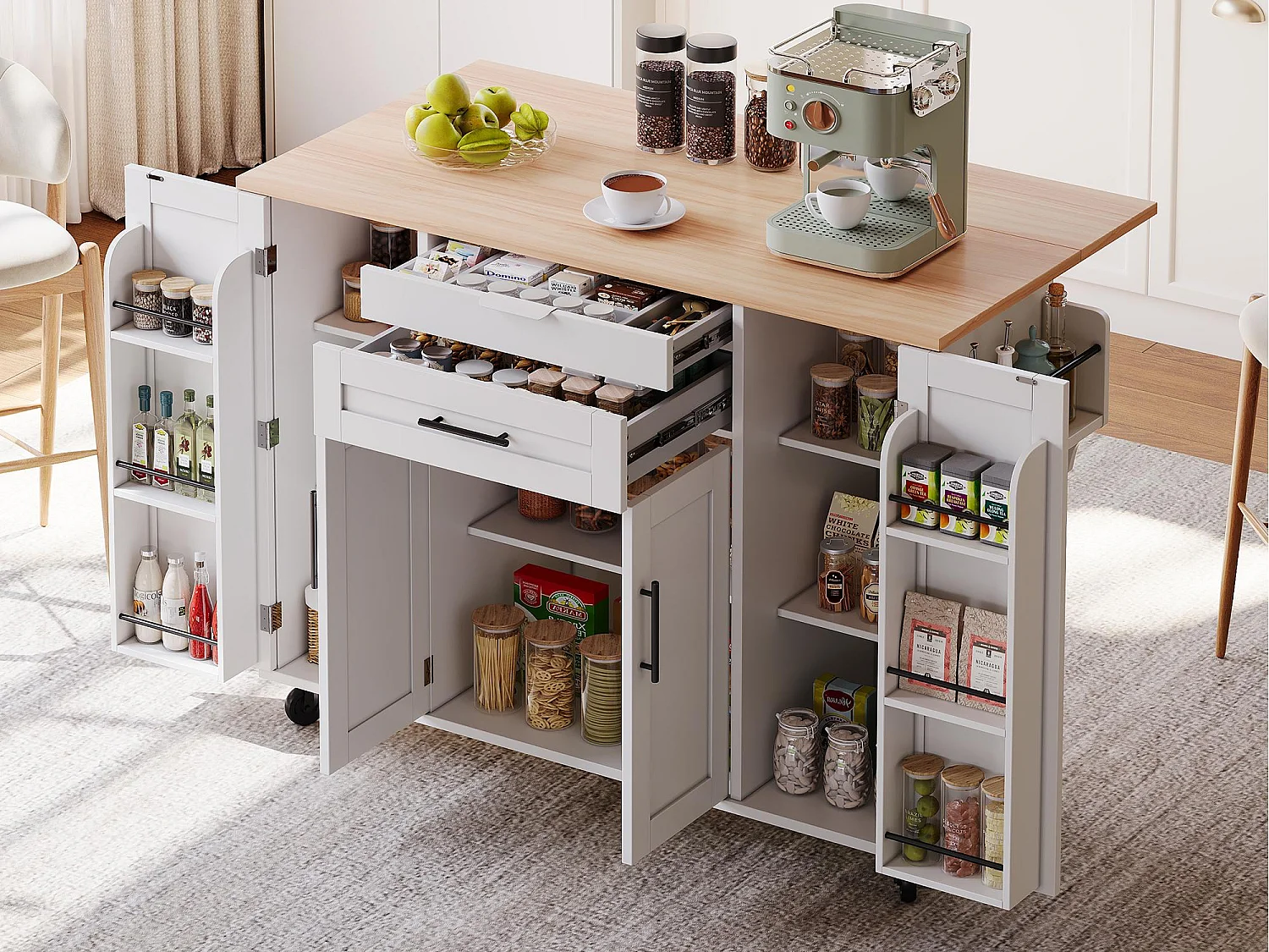 Ilot central de cuisine mobile - plateau extensible - avec étagère à épices et porte-serviettes - avec 2 tiroirs et 4 portes - MDF - Blanc